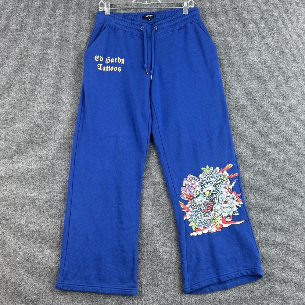 Ed Hardy Sweatpants Womens M Blue Oriental Tattoos Beast Dragon Cotton Blend